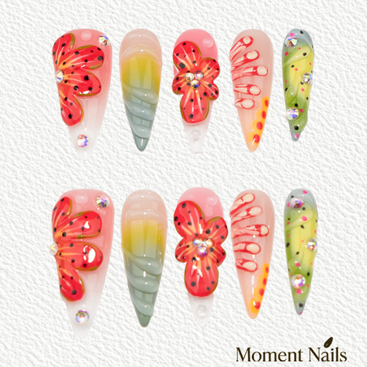 3D Flower Butterfly Multi-Color Design Press-On Nails