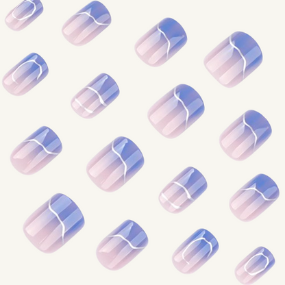 Watercolor Blue Press-On Nails | Silver Line Short Square