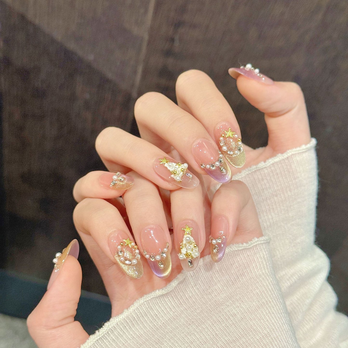 Pink Sheer Star-Pearl Press-On Nails