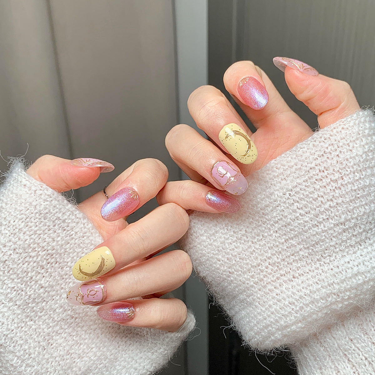 Sweet Star-Moon Almond Press-On Nails