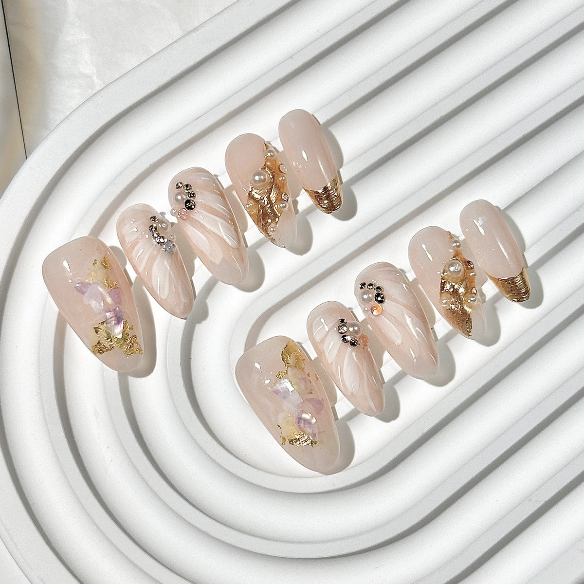 Nude Pink Gold Accent Almond Press-On Nails