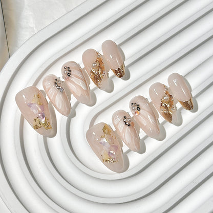 Nude Pink Gold Accent Almond Press-On Nails