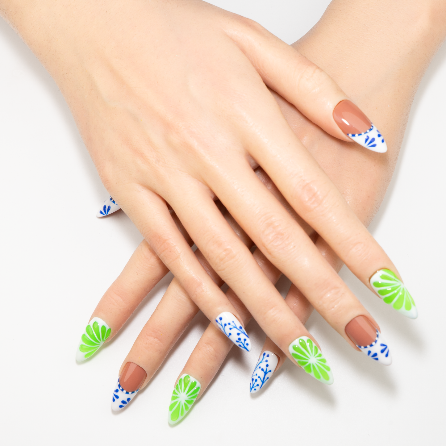 Blue Porcelain & Green Floral Press-On Nails