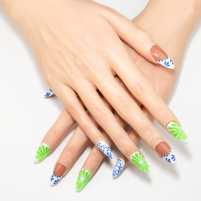 Blue Porcelain & Green Floral Press-On Nails