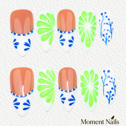 Blue Porcelain & Green Floral Press-On Nails