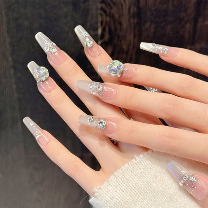 Silver Diamond Long Tapered Square Press-On Nails