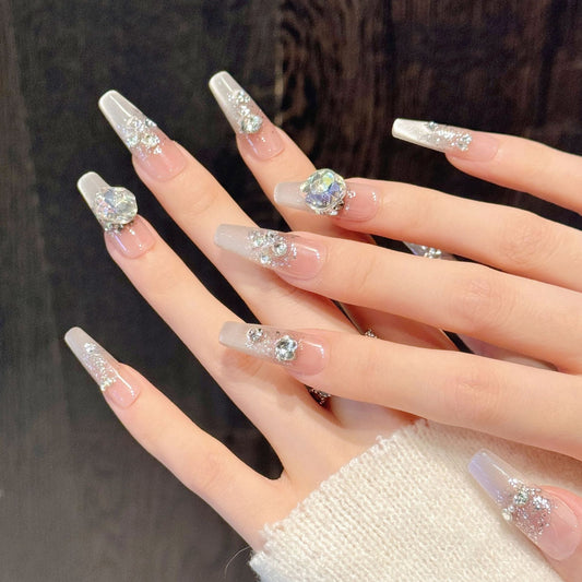 Silver Diamond Long Tapered Square Press-On Nails
