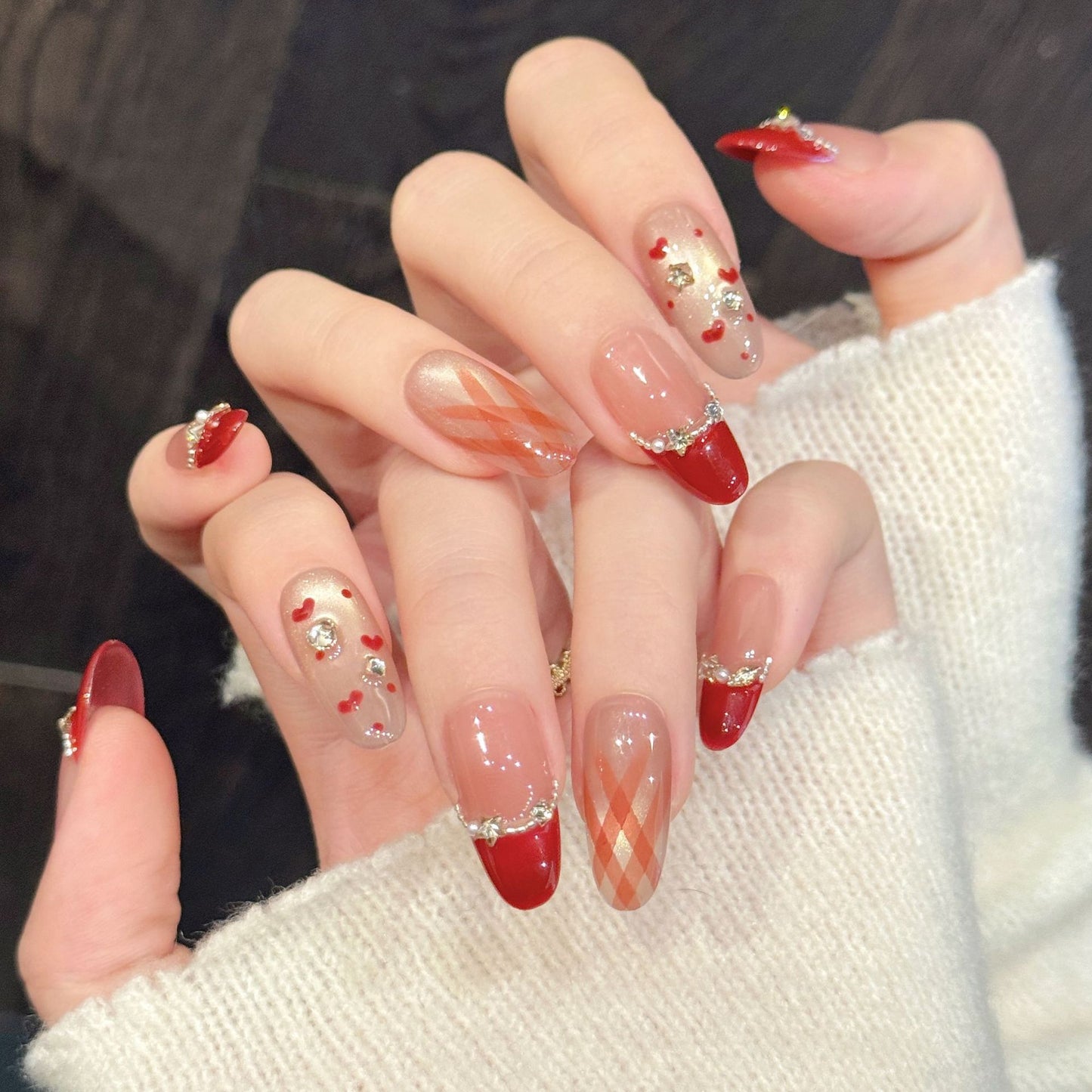 Red Nude Heart Medium Oval Press-On Nails