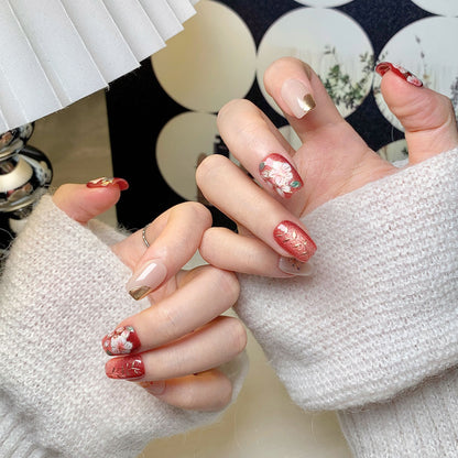 Cherry Blossom Red Square-Round Press-On Nails