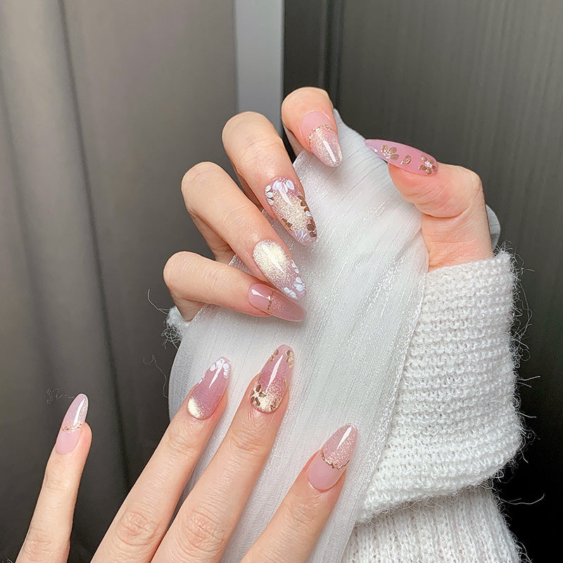 Pink Sheer Gold Accent Oval Press-On Nails