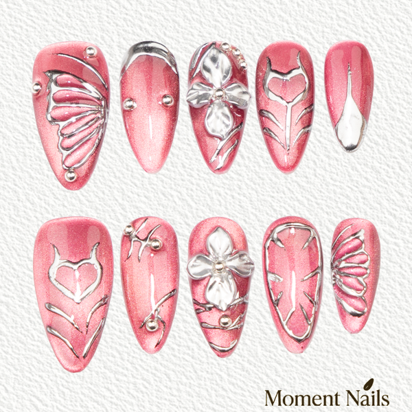 Pink Cat Eye & Silver  Press-On Nails