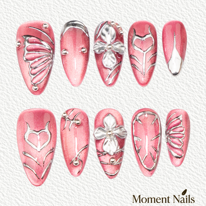 Pink Cat Eye & Silver  Press-On Nails