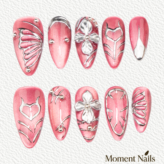 Pink Cat Eye & Silver  Press-On Nails