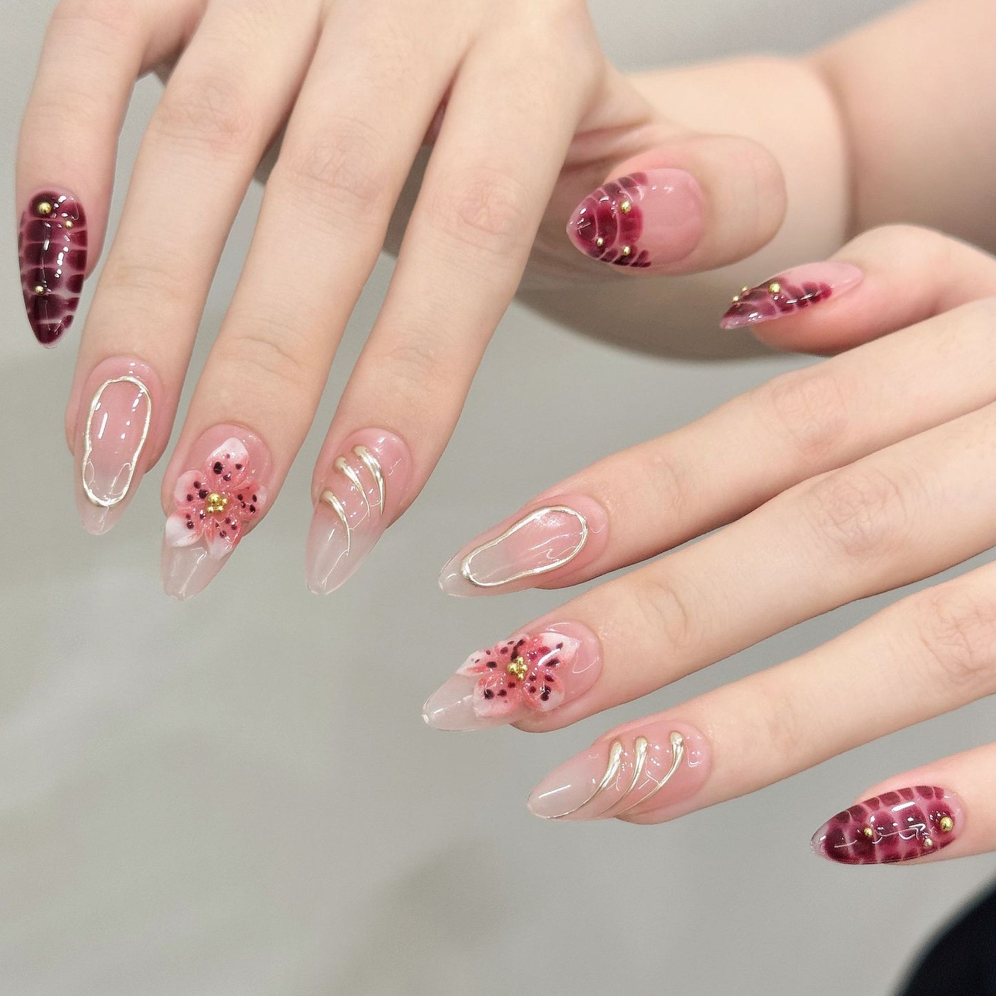 Pink Red Floral Medium Press-On Nails