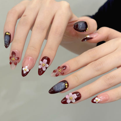 Burgundy Floral Medium Almond Press-On Nails