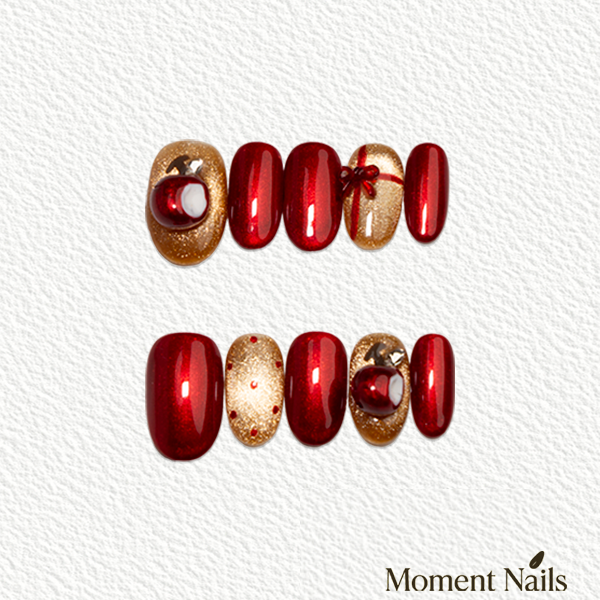 Christmas Apple Press-On Nails | Handmade 3D Apple Bow Short Oval