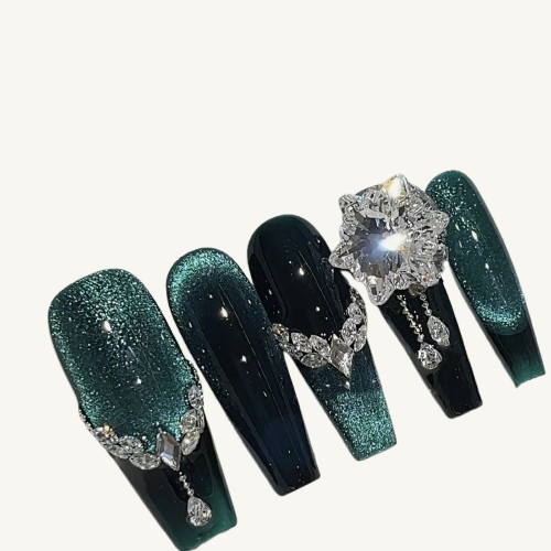 Galaxy Cat Eye Press-On Nails | Blue-Black Ombre Handmade Coffin Nails