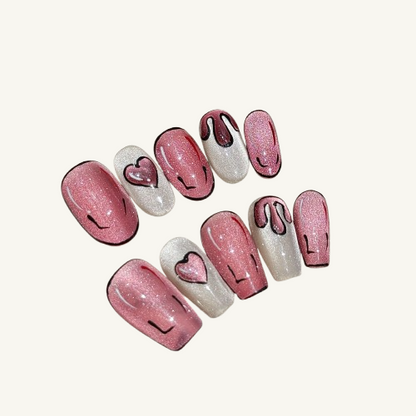 Pink Graffiti Press-On Nails | Handmade Outline Glitter Cat Eye