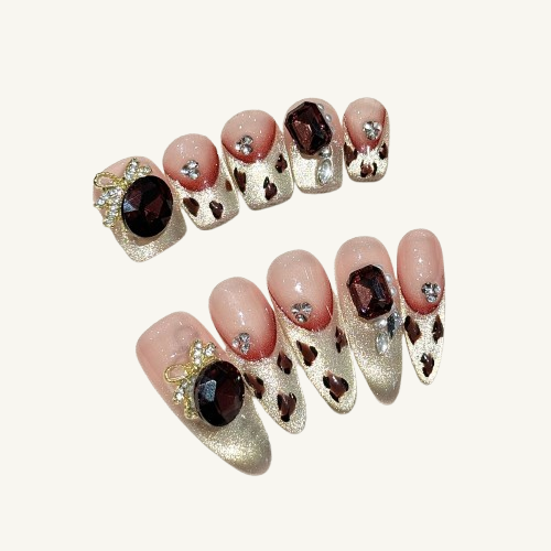 Luxury Leopard Press-On Nails | Handmade Garnet Jewel Cat Eye