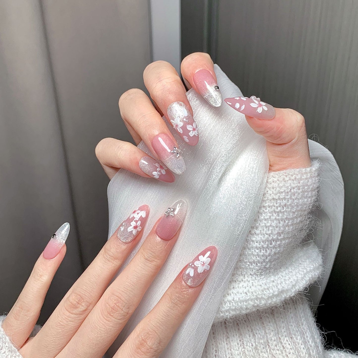 Pink Cherry Blossom Glitter  Press-On Nails