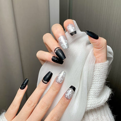 Black Silver Rose  Trapezoid Press-On Nails