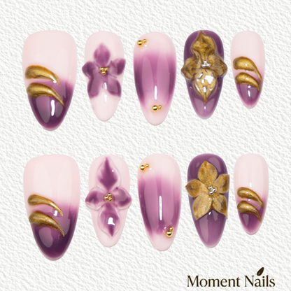 Purple Ombre 3D Floral Press-On Nails