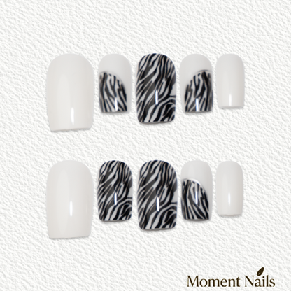 Zebra French Tip Press-On Nails | Silver Line Flared Square