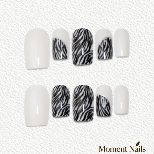 Zebra French Tip Press-On Nails | Silver Line Flared Square