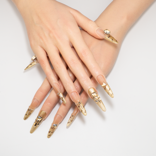 French Leopard Press-On Nails | Handmade Luxury Gold Diamond Stiletto