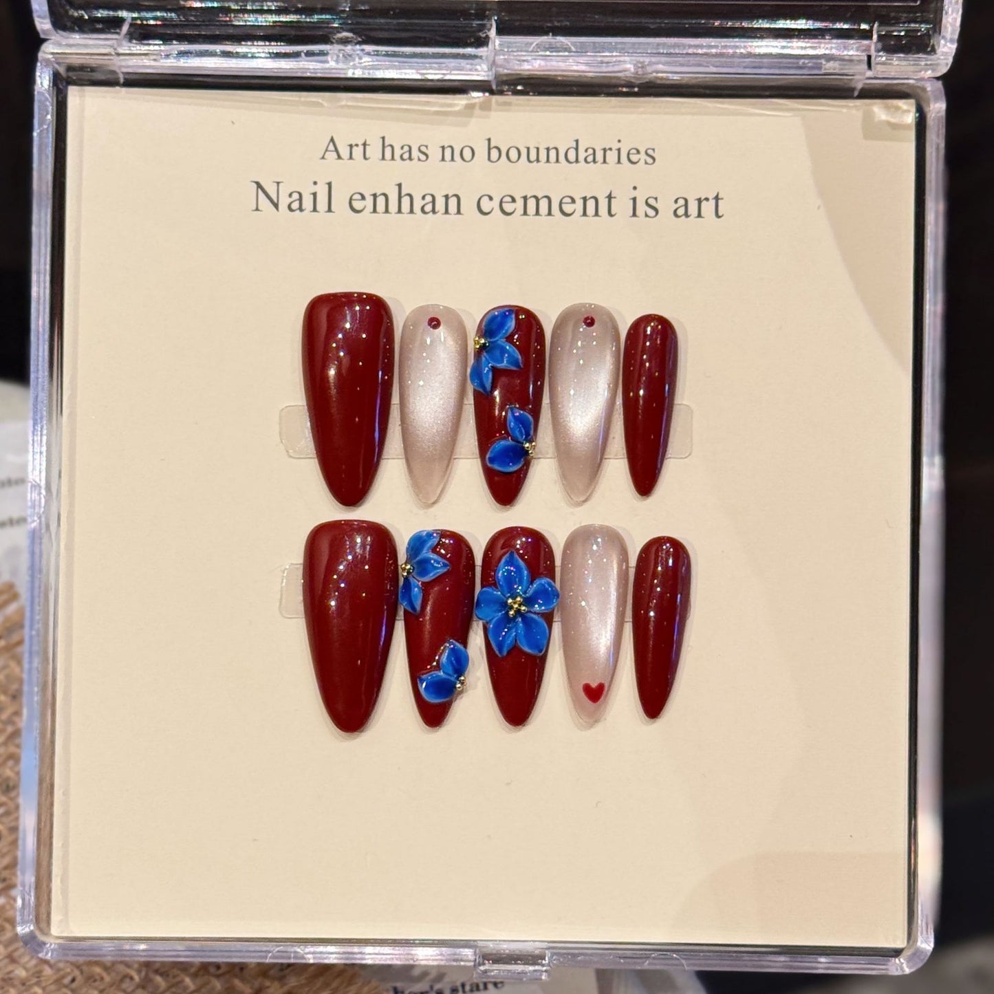 Red-Blue Flower Almond Press-On Nails