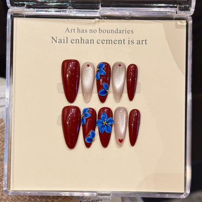 Red-Blue Flower Almond Press-On Nails