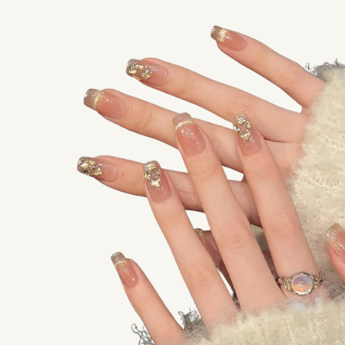 Stardust Dream Press-On Nails | Handmade Pink Gold Foil Cat Eye Square