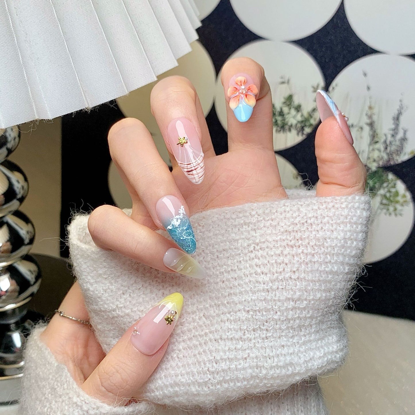 Summer Ocean Almond Press-On Nails