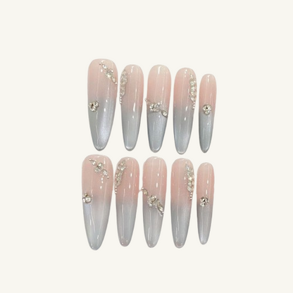 Misty Rose Press-On Nails | Handmade Pink Grey Ombre Leaf Stiletto