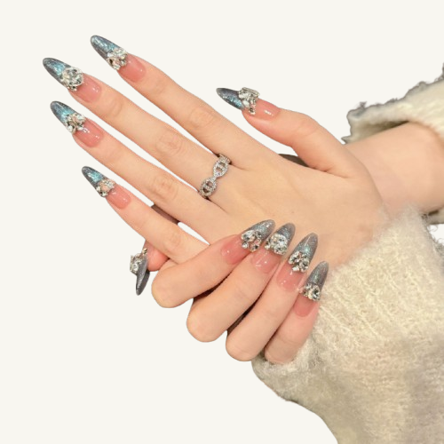Starry Night Press-On Nails | Handmade Luxury Diamond Cat Eye Oval