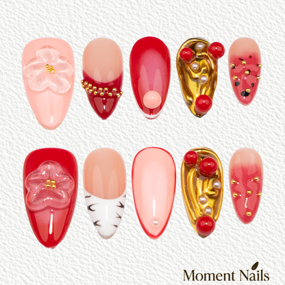 3D Flower Red Pink Design Press-On Nails