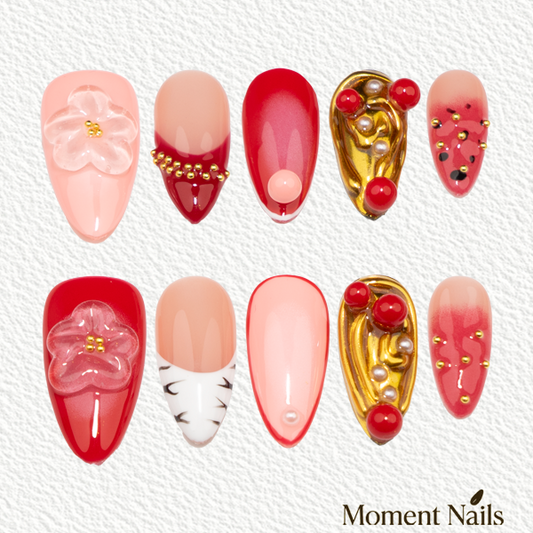 3D Flower Red Pink Design Press-On Nails