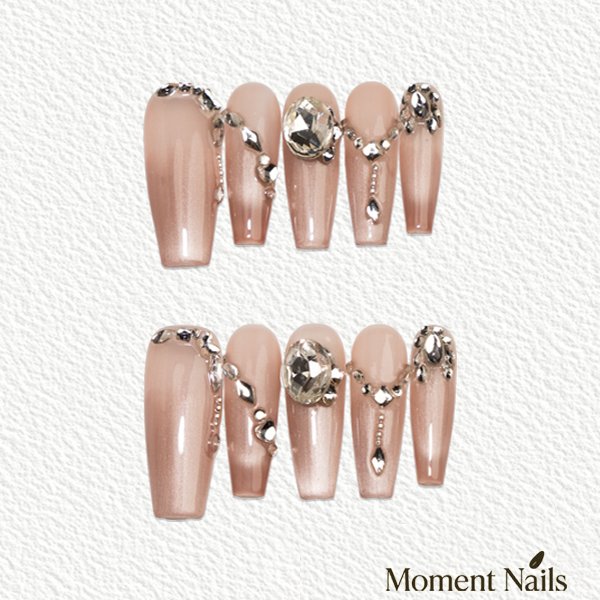 Nude Cat Eye Jewelry Press-On Nails | Long Handmade Fake Nails