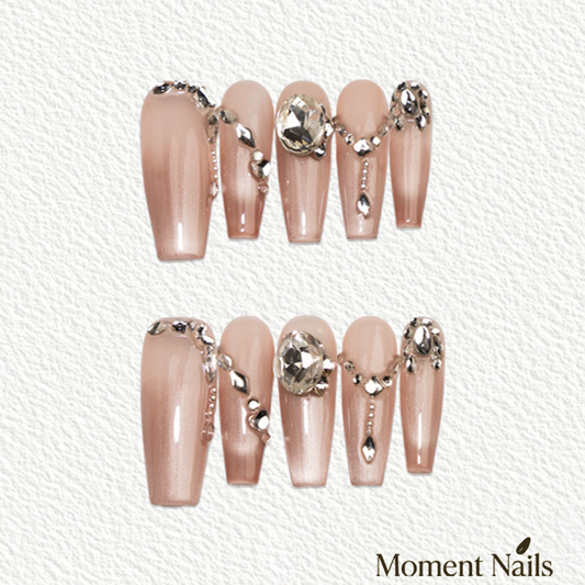 Nude Cat Eye Jewelry Press-On Nails | Long Handmade Fake Nails