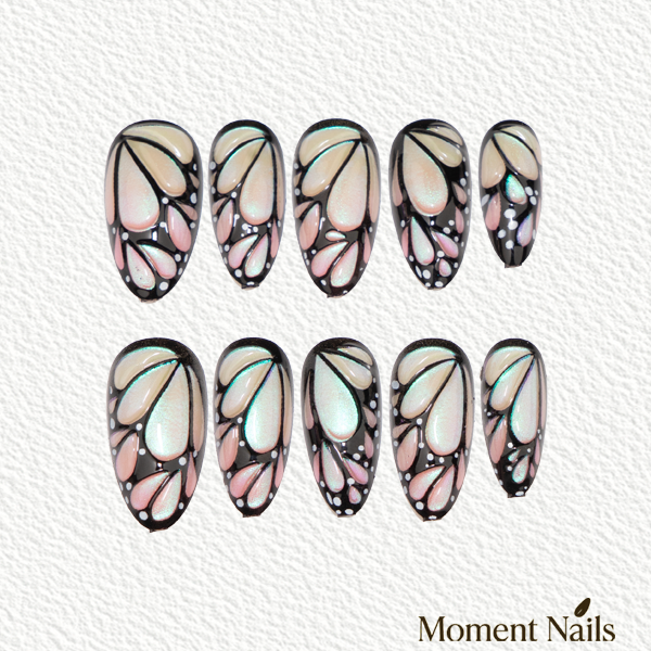 Butterfly Wing Press-On Nails | Pink & Black Aurora | Almond