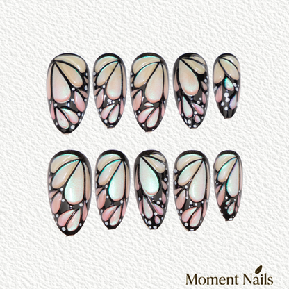 Butterfly Wing Press-On Nails | Pink & Black Aurora | Almond
