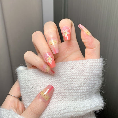 Peach Gradient Floral Trapezoid Press-On Nails
