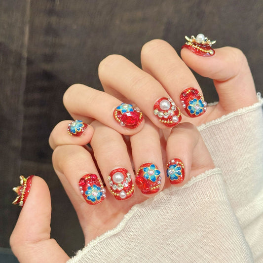 Red Floral Pearl Short Oval Press-On Nails