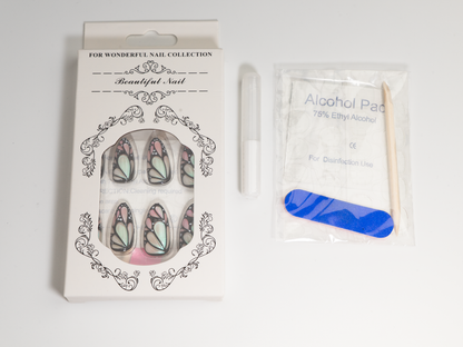 Butterfly Wing Press-On Nails | Pink & Black Aurora | Almond