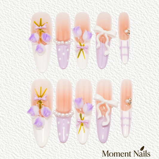 Purple Plaid Press-On Nails | Handmade Flower Bow Stiletto