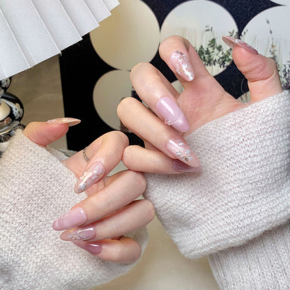 Pink Sheer Gold Accent Oval Press-On Nails