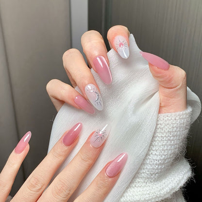 Pink Glitter Moon-Star Oval Press-On Nails