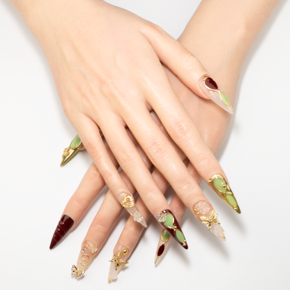 Burgundy & Green Gold Butterfly Press-On Nails