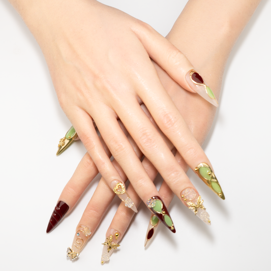 Burgundy & Green Gold Butterfly Press-On Nails