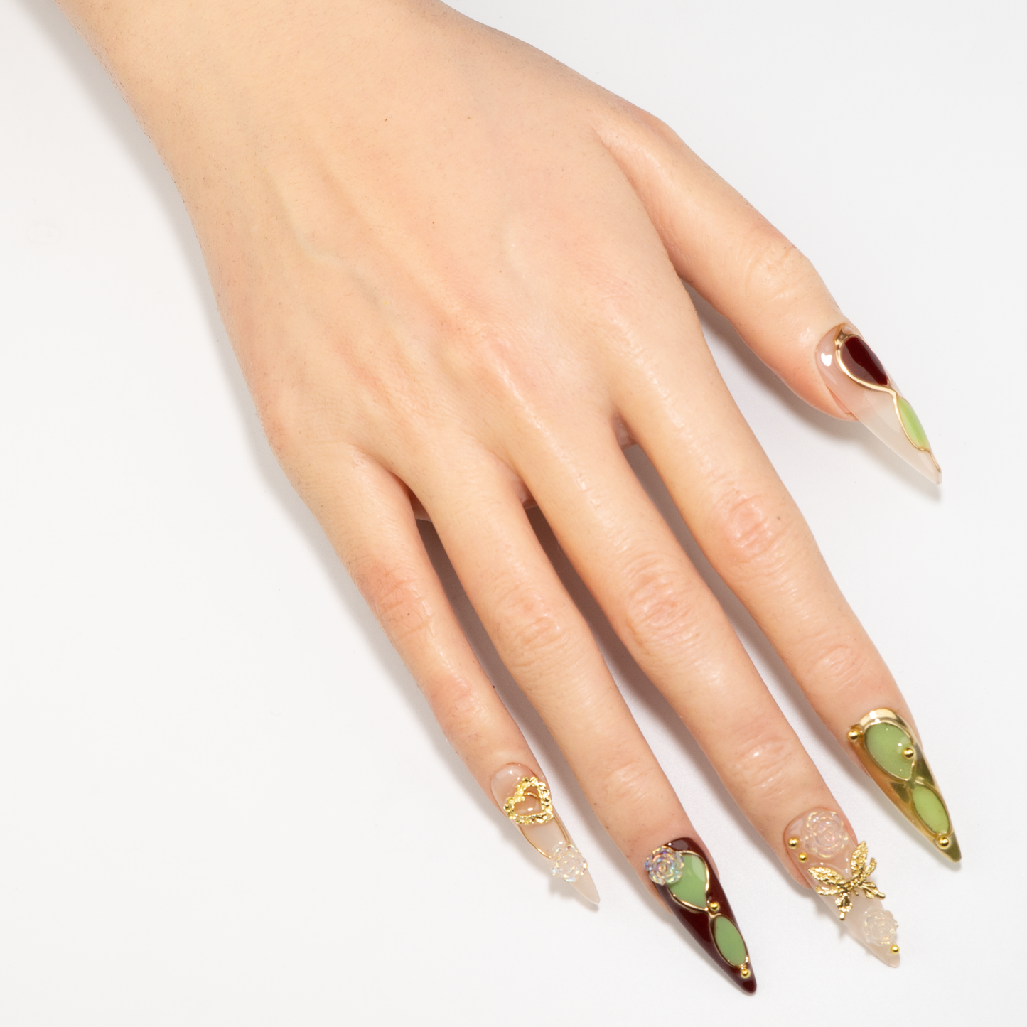 Burgundy & Green Gold Butterfly Press-On Nails